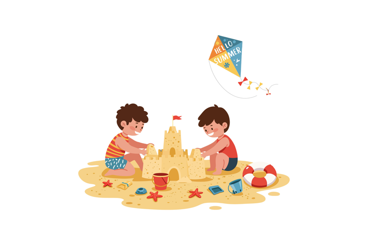 Two young boys building a detailed sandcastle on a sunny bea
