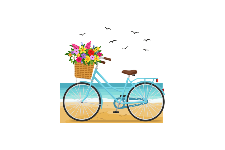 A light blue bicycle with a basket of colorful flowers resti