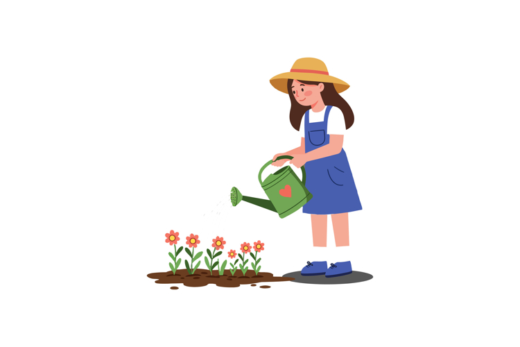 A young girl in a blue dress and straw hat watering flowers