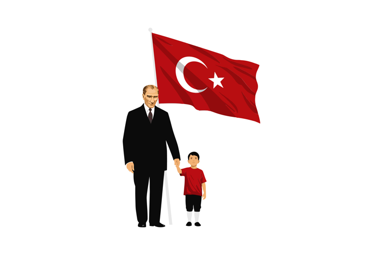 Mustafa Kemal Ataturk and a child stand together to symboliz