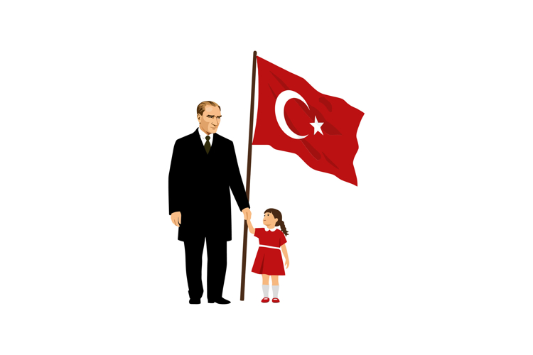 Mustafa Kemal Ataturk, while a girl in a red dress holds his