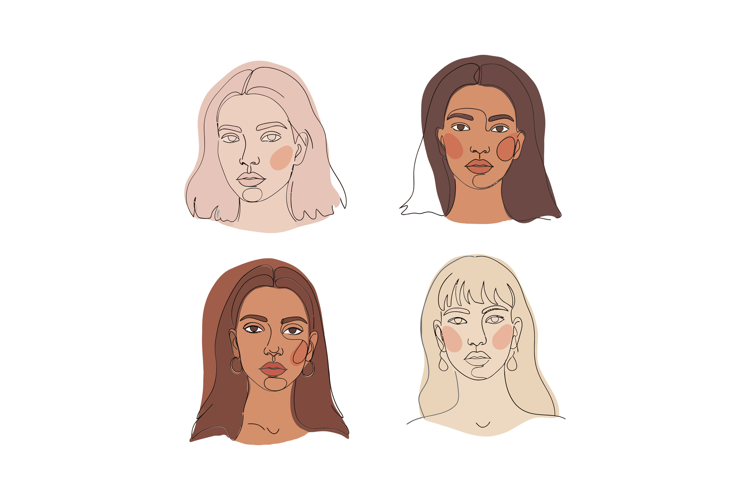 Four diverse female faces illustrated in a minimal and moder