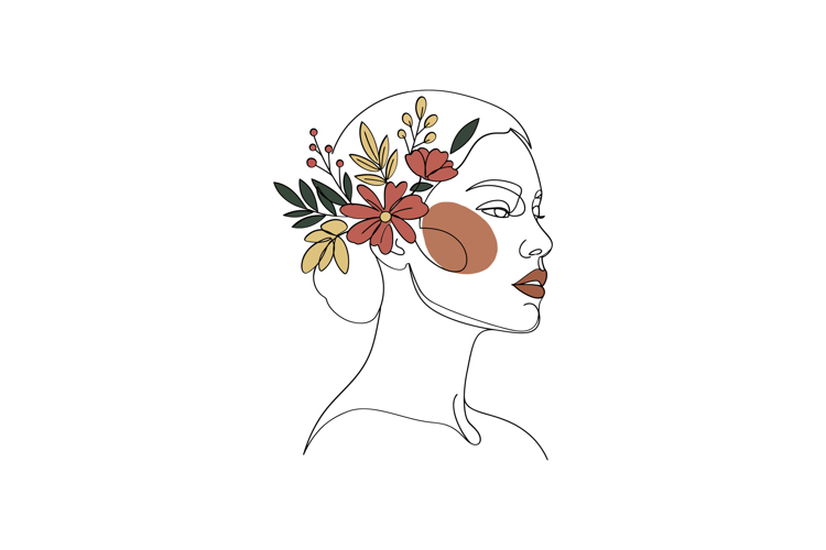Profile of a woman adorned with colorful flowers and leaves