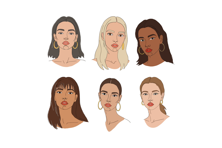 Six diverse women with distinct hairstyles and expressions i