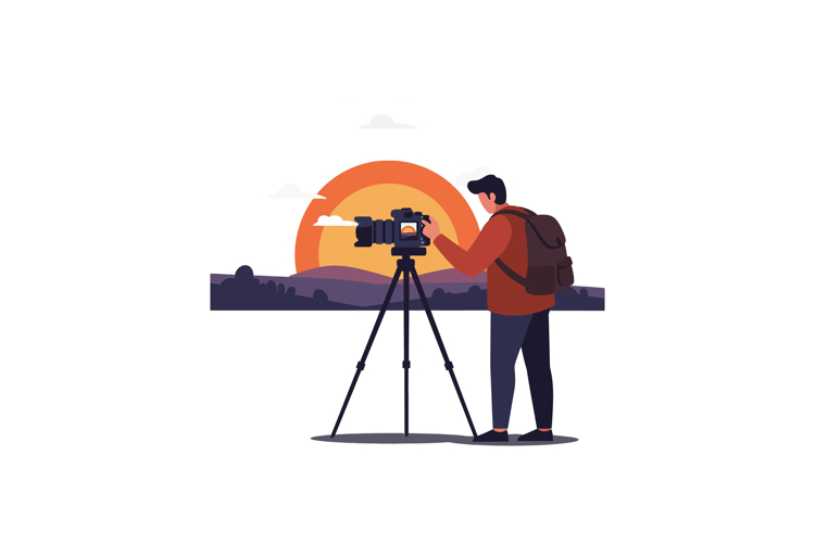 Photographer capturing a stunning sunset with a camera on a