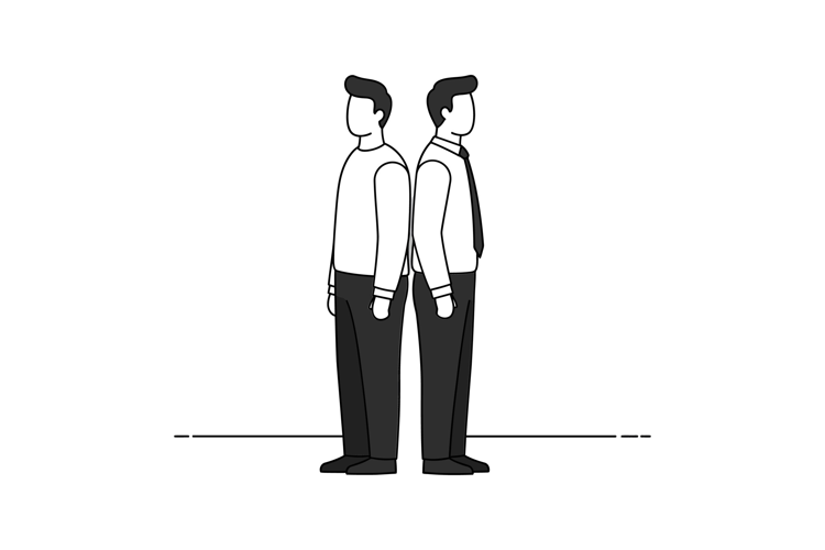 Two business professionals standing back to back in a minima