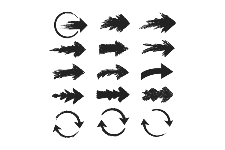Dynamic black arrows in various styles with brushstroke effe
