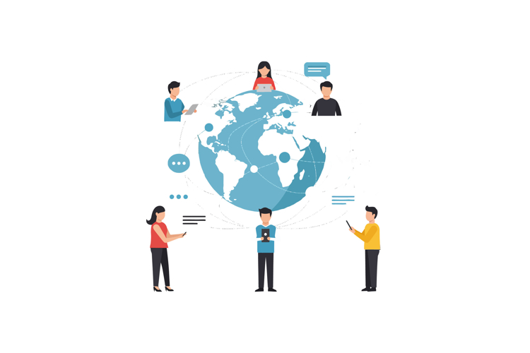 Diverse group of people communicating around a stylized glob