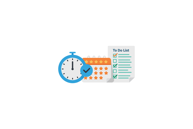 A colorful stopwatch, calendar, and checklist representing t