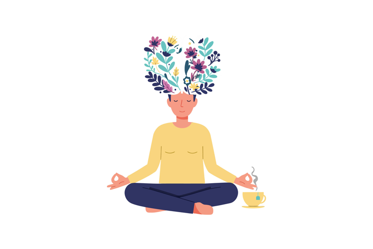 A serene person meditating with floral elements growing from