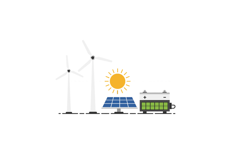 Renewable energy landscape with wind turbines, solar panels,