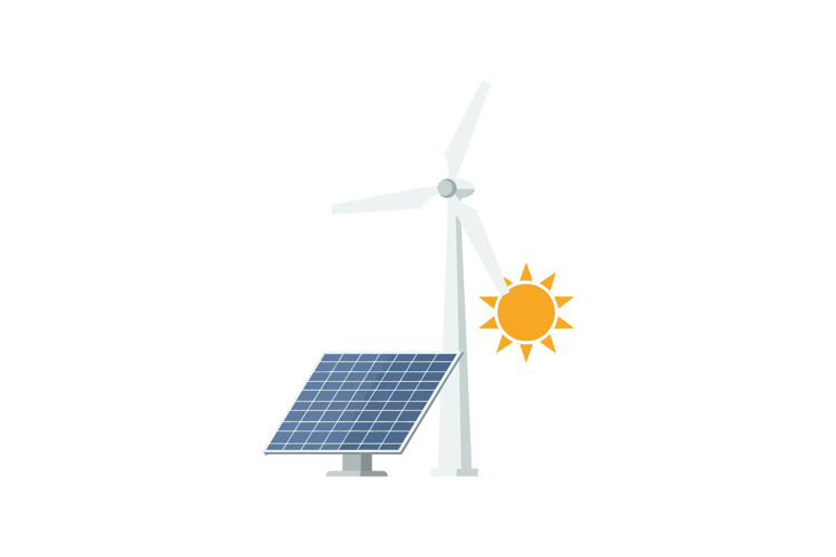 Renewable energy scene featuring a wind turbine and solar pa