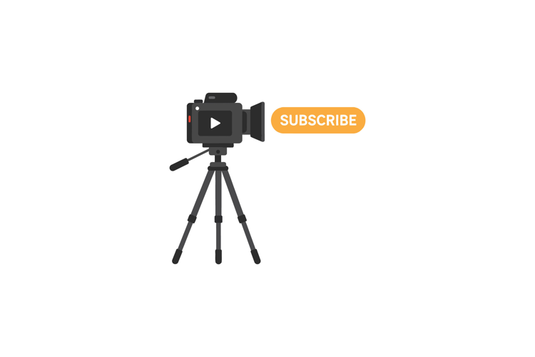 Camera on a tripod with a prominent subscribe button in a mi
