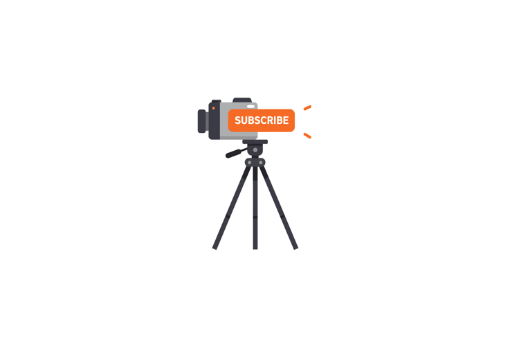 Camera on tripod with a bright orange subscribe button, feat
