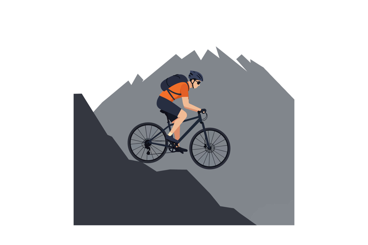 A cyclist in an orange shirt navigating a steep mountain tra