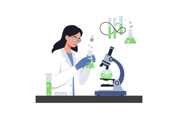 A scientist in a lab coat conducting experiments with green