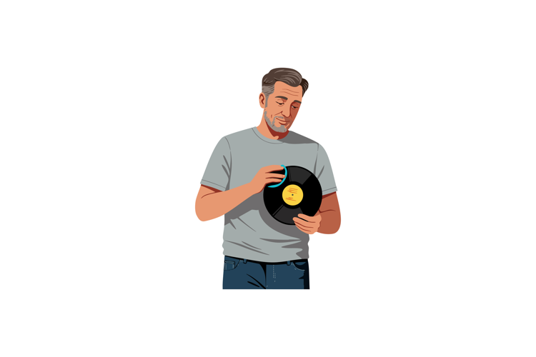 Man holding vinyl record music hobby lifestyle casual outfit
