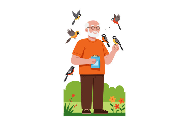 Elderly man feeding birds in garden with green bushes and or example image 1