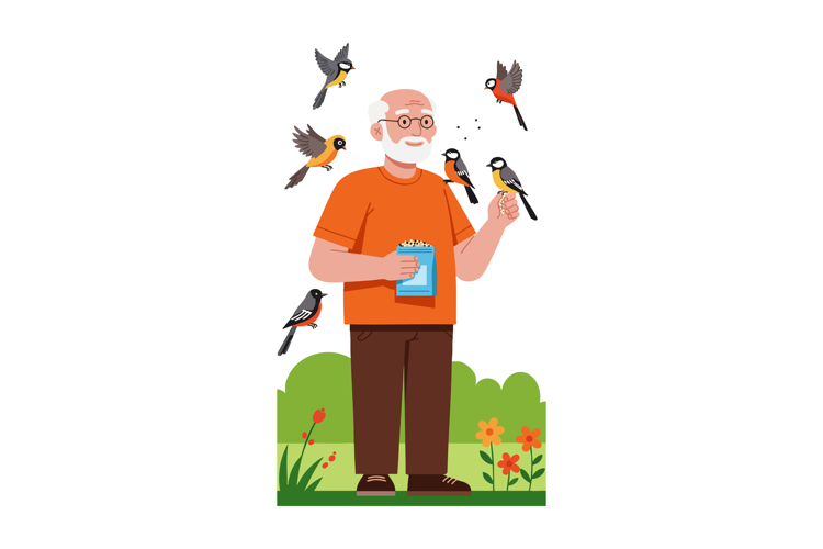 Elderly man feeding birds in garden with green bushes and or