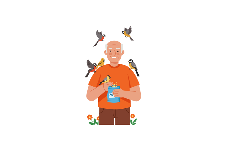 Elderly man feeding birds with birdseed in garden surrounded