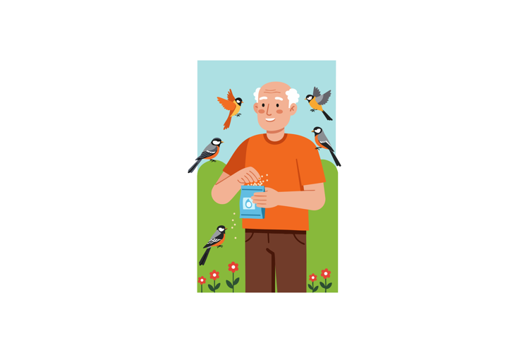 Elderly Man Feeding Colorful Birds in Garden with Flowers Ve