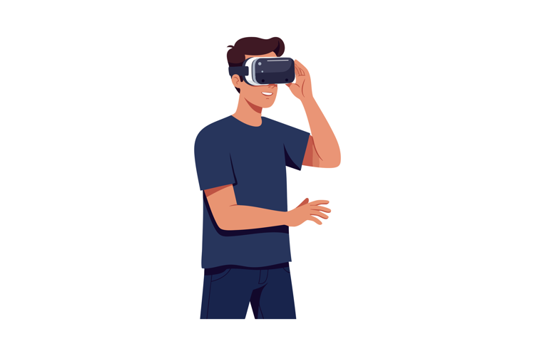 Young man exploring virtual reality technology with vr heads