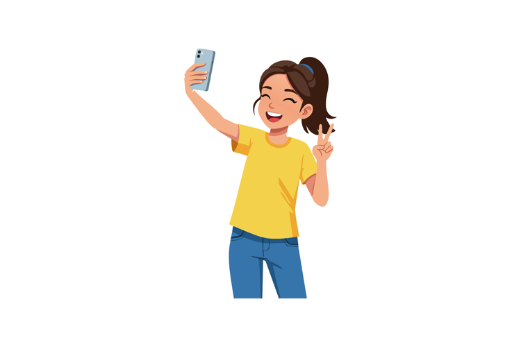 Girl taking selfie with smartphone in yellow t-shirt and blu