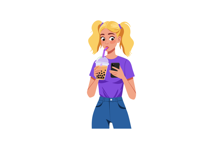Young woman drinking bubble tea using smartphone in casual o