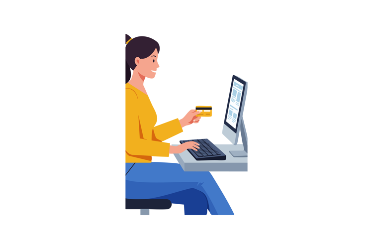 Woman online shopping using credit card at desktop computer