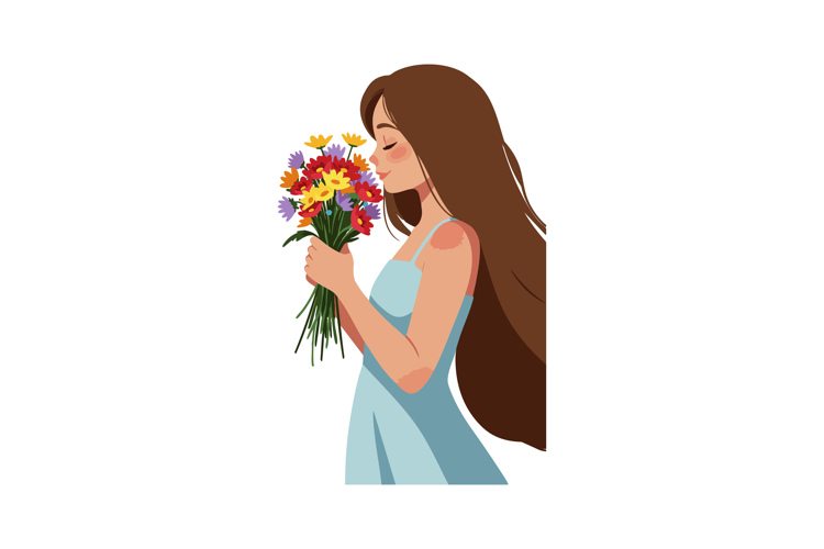 Young woman holding colorful bouquet of flowers in light blu
