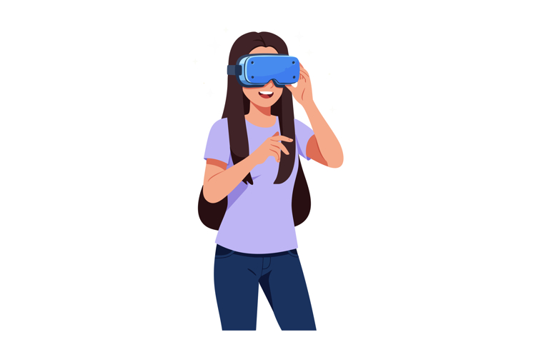 Young woman enjoying virtual reality experience with headset