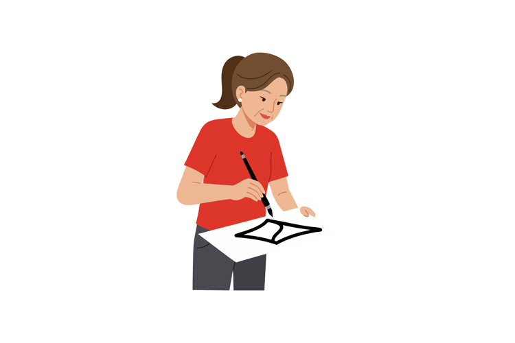 Woman painting with brush in red shirt and gray pants vector