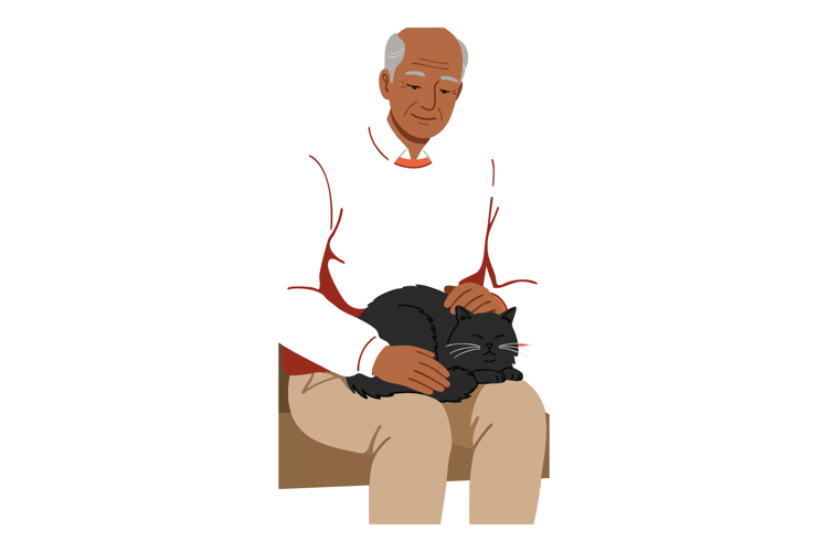 Elderly man sitting with black cat on lap in calm moment ill