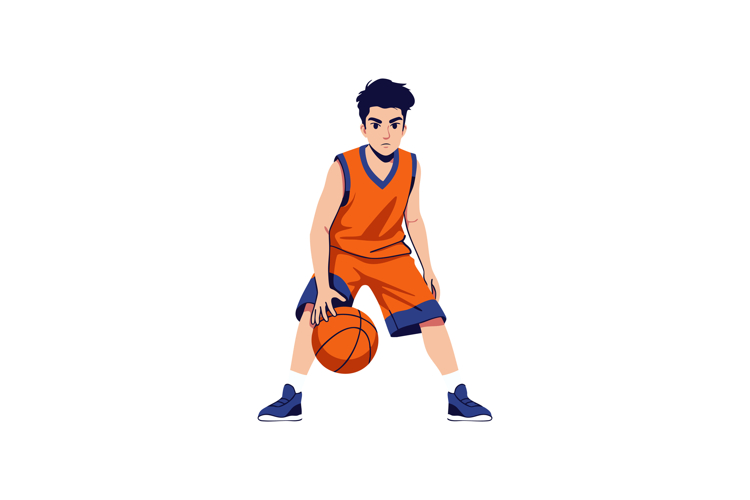 Young male basketball player dribbling ball in orange sports