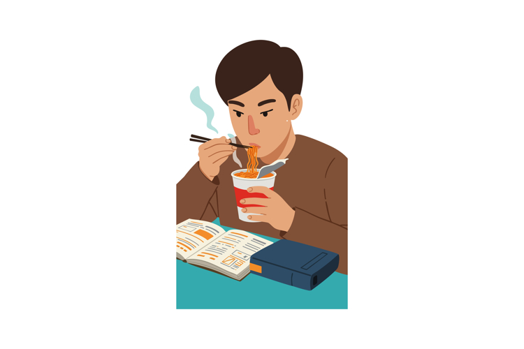 Young man eating instant noodles while studying with book an
