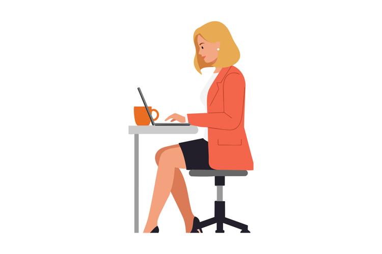 Woman working on laptop at desk with orange cup in modern of