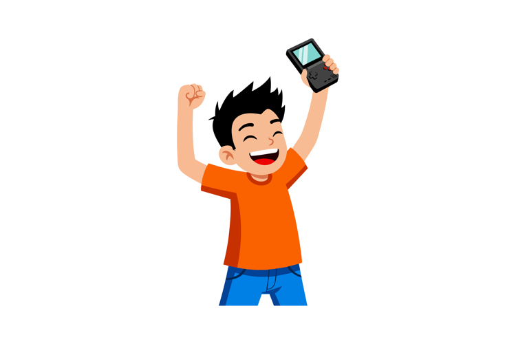 Happy boy celebrating with handheld gaming console in orange