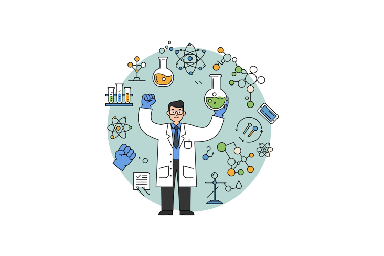 Scientist holding chemical flasks with molecular structure s