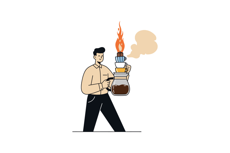 Man carrying stack of coffee cups and pot with rising steam