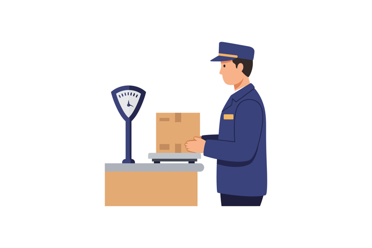 Delivery worker weighing parcel on scale in uniform vector i
