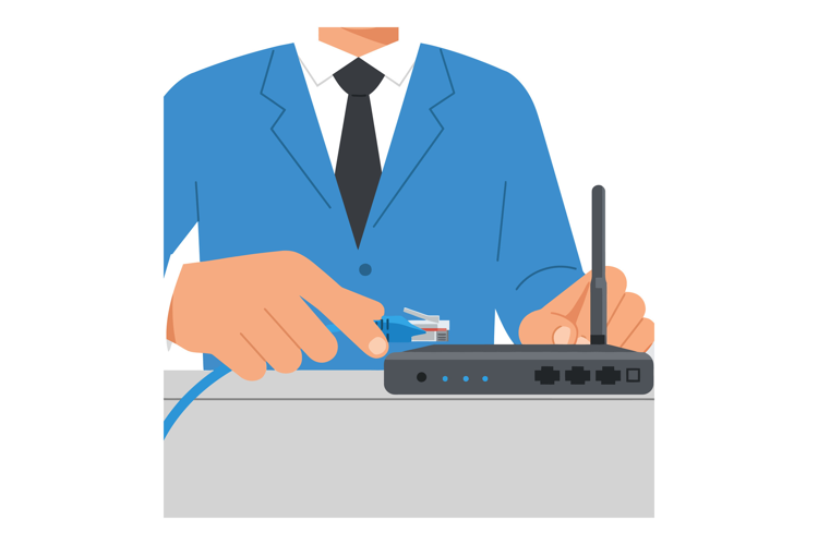Man in blue suit connecting ethernet cable to wireless route