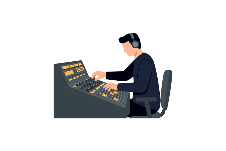 Sound engineer mixing audio with headphones on in recording