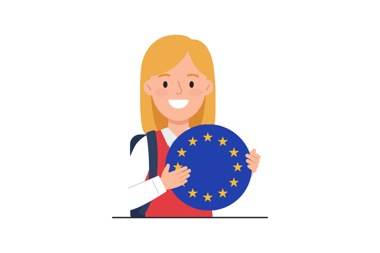 Girl holding European Union flag circle symbol smiling vecto