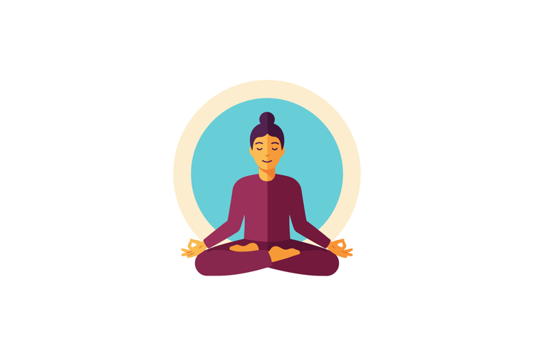 Woman Meditating in Purple Clothes in Lotus Pose with Blue H