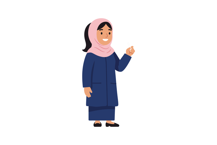 Woman wearing pink hijab and navy blue coat smiling and gest