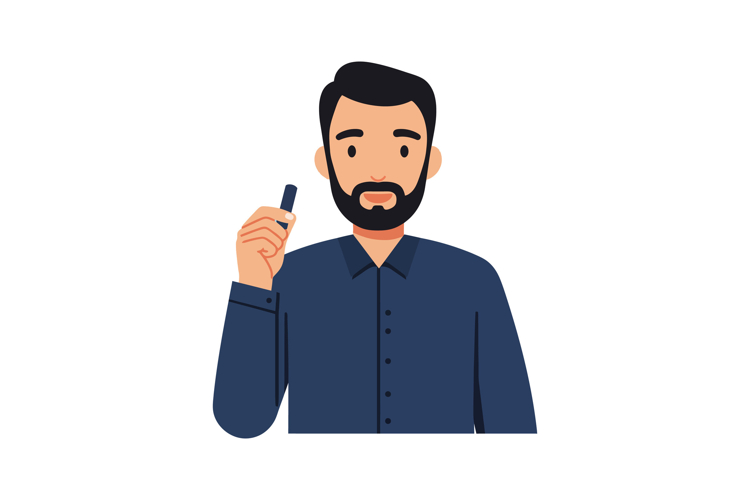 Man with dark beard holding vape device in blue shirt vector