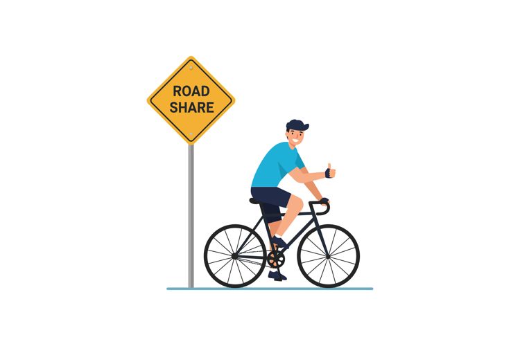 Man Riding Bicycle Giving Thumbs Up Near Road Share Traffic