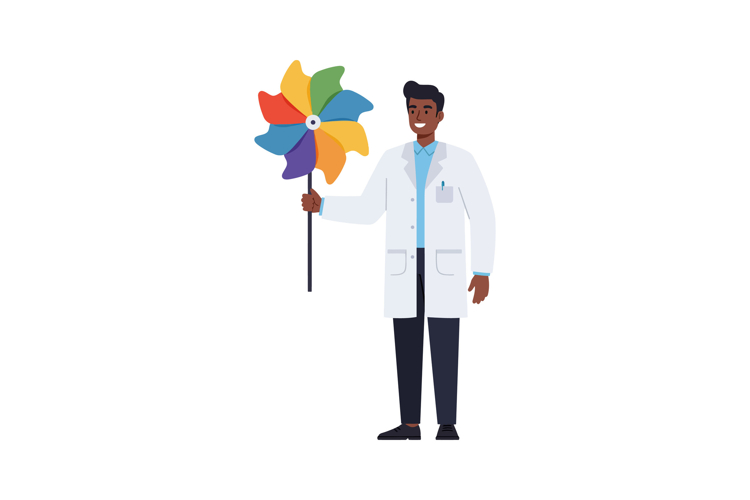 Male scientist holding colorful pinwheel in white lab coat s