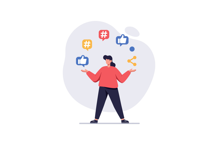 Social media user with colorful icons of likes and shares in