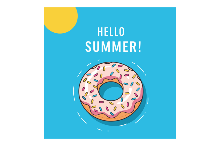 Donut with pink icing and sprinkles summer greeting bright b